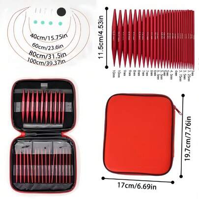 一套可互换圆针编织针套装，含针盒 - 13 种尺寸双头铝制针，颜色编码并贴有标签，符合人体工程学的手柄，轻巧便携，适用于编织、钩编、梭织 - 非常适合初学者和经验丰富的编织爱好者