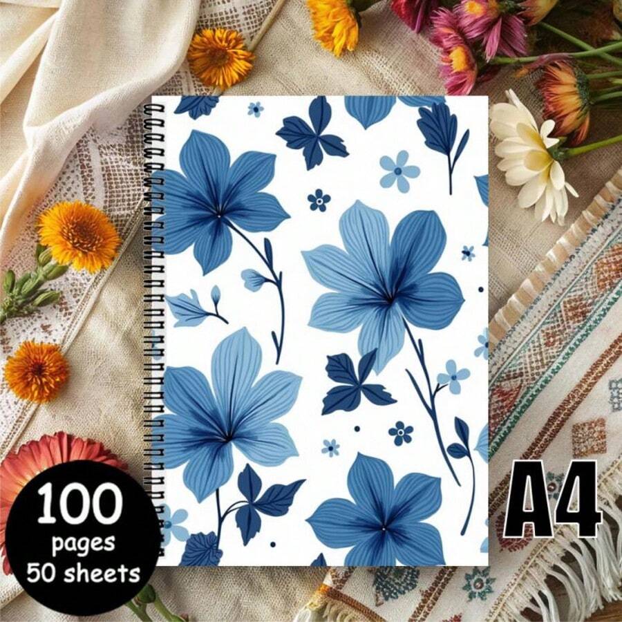A4尺寸简约蓝色花卉螺旋装订笔记本，封面设计清新优雅，为您的书写增添浪漫气息。内页流畅的横线带来舒适的书写体验，无论您是记录每日灵感、规划任务还是撰写日记，都能轻松驾驭。让每一次书写都如同漫步于繁花似锦的花园，感受宁静与美好。 - A40001451 - 查看 1