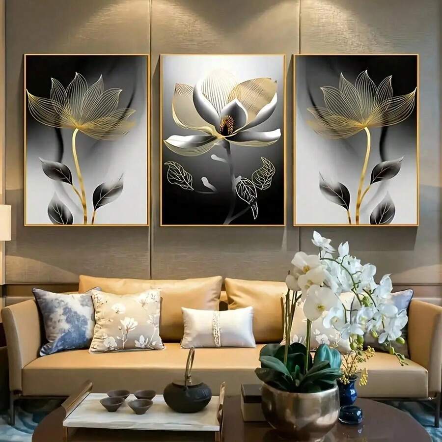 三幅一组的抽象植物花卉墙面艺术装饰画，热带植物装饰海报，家居装饰挂画，创意家居礼品，适用于客厅、书房、卧室、浴室、厨房，无框帆布海报 - 花 - 查看 1