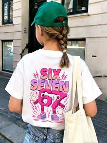 少女款“SIX SEVEN”彩色数字6和7卡通印花T恤，适合日常穿着、街头风格、各种活动，是女孩休闲百搭的夏季上衣。 - 白色 - 查看 4