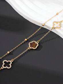 SHEIN BAE 1 chiếc vòng cổ mặt dây chuyền hình cỏ ba lá rỗng và ngũ sắc sang trọng dành cho nữ, màu nâu, hai lớp (Số lượng hạt có thể thay đổi do cắt thủ công, chiều dài cố định) - màu nâu - Xem 5