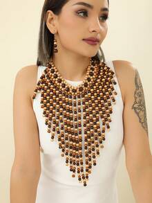 1 Set Handmade Multi-Layer Random Color Wooden Bead Statement Necklace, Boho Style Beach Holiday Party Middle Eastern Evening South Asian Inspired Jewelry Necklace & Earrings For Women - Coffee Brown - View 2