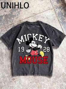 Disney UNIHLO  Mickey    Printed Summer Heavyweight Retro Washed Street Fashion Casual T-Shirt - 黑色 - 查看 2