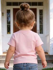 1件新生儿女宝宝休闲可爱套装，柔软舒适的圆领短袖粉色T恤，适合户外活动、社交聚会、周末玩耍、春夏季节穿着。 - 粉色 - 查看 5