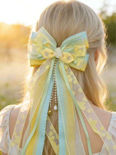 一款优雅的缎面蝴蝶结水钻发夹，高端流苏发饰，丝滑缎面大蝴蝶结发箍，适合日常佩戴、周年纪念礼物、派对配饰、舞会发夹、约会和其他场合——水钻发夹，超梦幻发夹，弹簧夹发饰，超大长尾蝴蝶结发夹