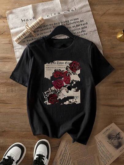 Women's Casual Lemon Highball Glass Print T-Shirt, Fashionable & Comfortable Top, Summer