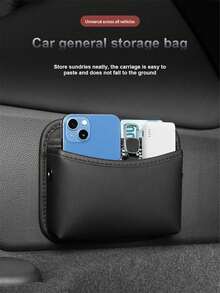 1pc Leather Car Storage Bag, Adhesive Car Phone Holder Organizer Pouch - Black-3096 - View 3