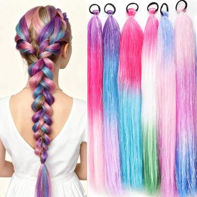 2条/套 26英寸彩色马尾辫接发，粉色、紫色、蓝色渐变马尾辫发圈，疯狂发型日，女士彩色发圈，节日/派对发型，渐变马尾辫