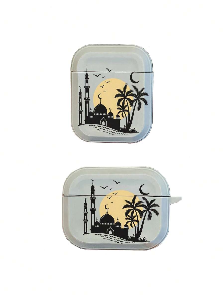 Middle Eastern Mosque & Palm Tree Print Compatible With Airpods Case, Matte Gray Shockproof Protective Cover Compatible With Airpods 1/2/3/Pro, Festival Aesthetic - Grey - View 1