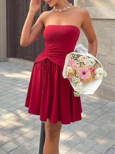 Vestido elegante de estilo francés romántico y siciliano para mujer - Diseño de cuello redondo o sin tirantes, longitud corta, doble cordón y cintura elástica, silueta entallada en línea A, adecuado para uso diario, oficina, tardes de té y fiestas festivas.