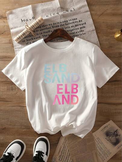 ELB Beach Gradient T-Shirt For Plus Size Women - Fashionable, Casual, And Sporty Style. White Top With Vibrant Print - Comfortable All-Season Short-Sleeved Top, Plus-Size Plus Size Women's Clothing. Summer