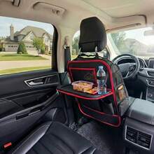 无纺布汽车座椅靠背储物袋（带可折叠托盘+可选侧网袋组合），多口袋悬挂式侧袋，黑/红饰边，适合存放饮料、平板电脑、笔记本电脑和配件，适用于SUV和轿车后排座椅 - 多款式 - 查看 6