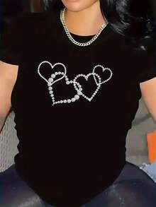 S Elegant Rhinestone Heart T-Shirt White Shirt With Sparkling Hearts Top Everyday Harajuku Sleeve Aesthetic Clothes. - 黑色32 - 查看 1