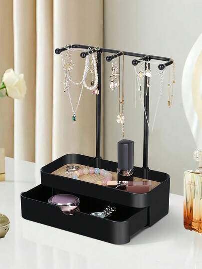 塑料首饰收纳架，桌面首饰盒，壁挂式首饰架，多功能首饰整理架，带抽屉首饰展示架，适用于收纳项链、手链、耳环、戒指、手表、钥匙扣、发饰等，单层或双层可选，家居装饰，女士礼物，家居用品，公寓必备，浴室用品，返校必备