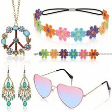5pcs/Set Hippie Style Accessories Set, Peace Sign Necklace, Daisy Earrings, Flower Headband, Fashion Glasses - Blue - View 12