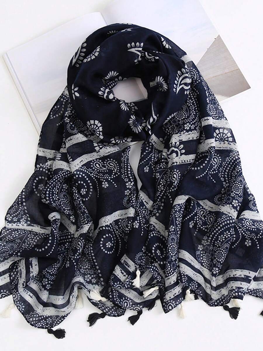 1pc Women's Retro Versatile Elegant Cashew Flower Pattern Scarf With Tassels, Long Shawl For Travel, Daily Wear, Air-Conditioned Room, Versatile - Multicolor - View 1