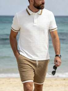 GOLDREDY Men's Summer New Loose Elegant Textured Pattern Polo Shirt And Contrast Color Shorts 2 Pieces Set, Suitable For Multiple Occasions - Khaki - View 1