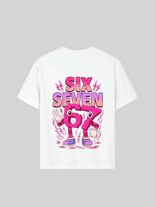 少女款“SIX SEVEN”彩色数字6和7卡通印花T恤，适合日常穿着、街头风格、各种活动，是女孩休闲百搭的夏季上衣。 - 白色 - 查看 8