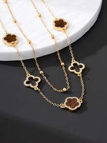 SHEIN BAE 1 chiếc vòng cổ mặt dây chuyền hình cỏ ba lá rỗng và ngũ sắc sang trọng dành cho nữ, màu nâu, hai lớp (Số lượng hạt có thể thay đổi do cắt thủ công, chiều dài cố định) - màu nâu - Xem 4