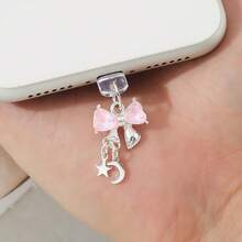 Cute Bow Phone Charm Dust Plug - Silver Metal Base With Colorful Star & Bowknot Design, Anti-Dust Phone Charging Port Pendant, Aesthetic Phone Accessory For Girls - Multicolor - View 9