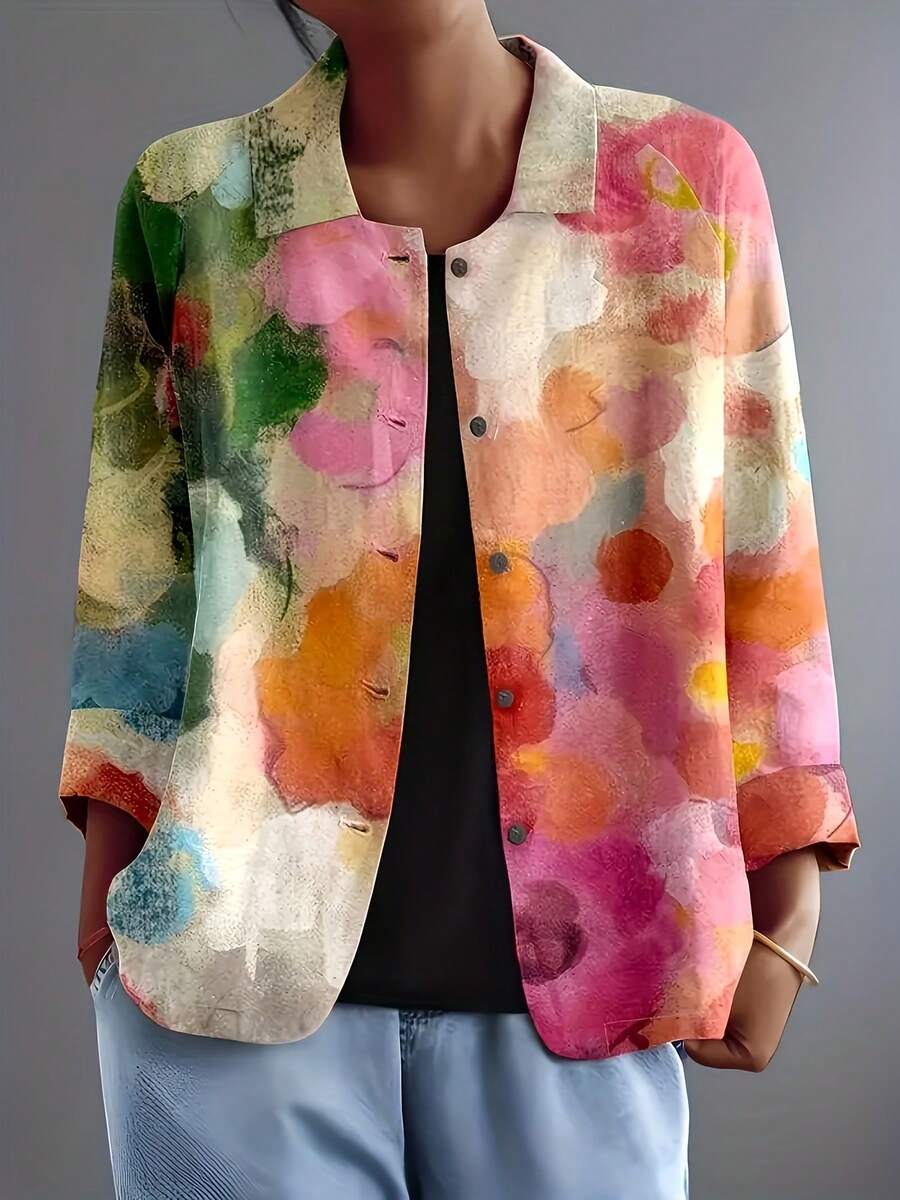 Áo blazer nữ dáng rộng, tay dài, in họa tiết toàn thân, phong cách thường ngày đi nghỉ mát, thích hợp cho mùa xuân/thu.