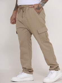 Men's Wide Leg Twill Cargo Pants With Side Pockets - Streetwear - Mocha Brown - View 3