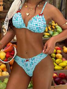 2pcs/Set Women Plaid Print With Red Bow Bikini Set, Casual Beach/Pool Summer Swimwear - Teal - View 2