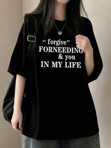 Women's Loose Fit Round Neck Short Sleeve Letter Print T-Shirt, Spring/Summer - Black - View 1