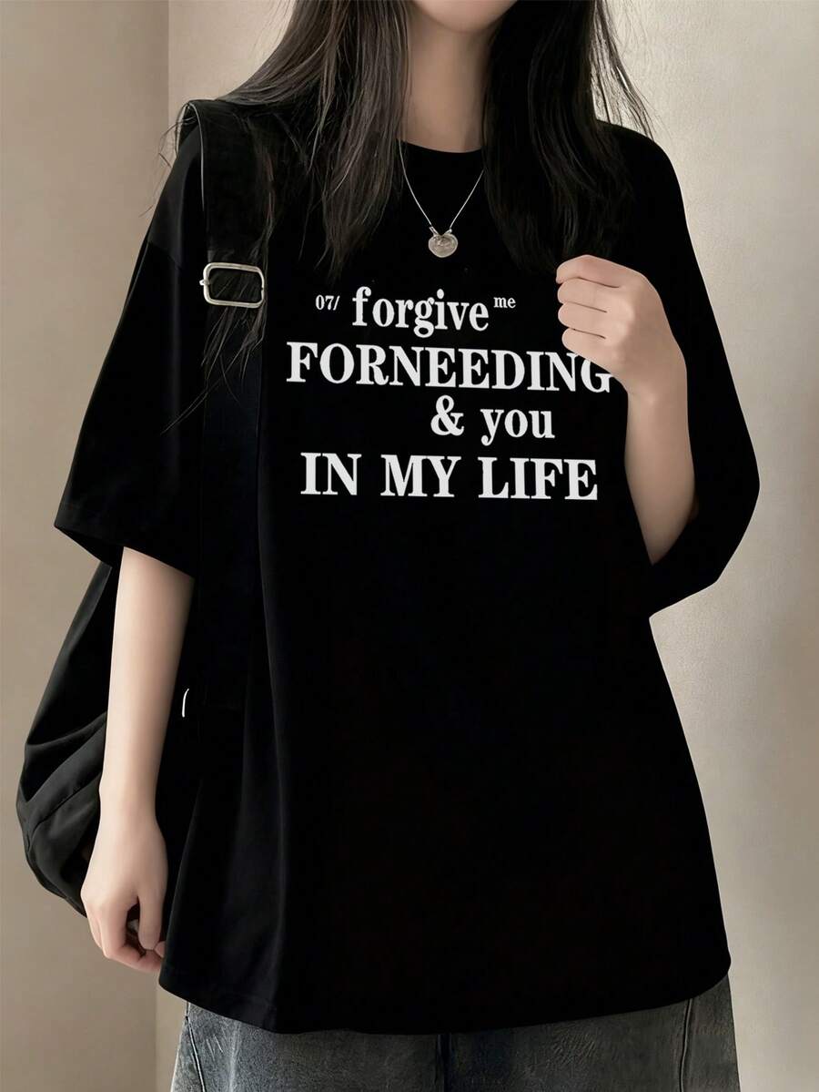 Women's Loose Fit Round Neck Short Sleeve Letter Print T-Shirt, Spring/Summer - Black - View 1