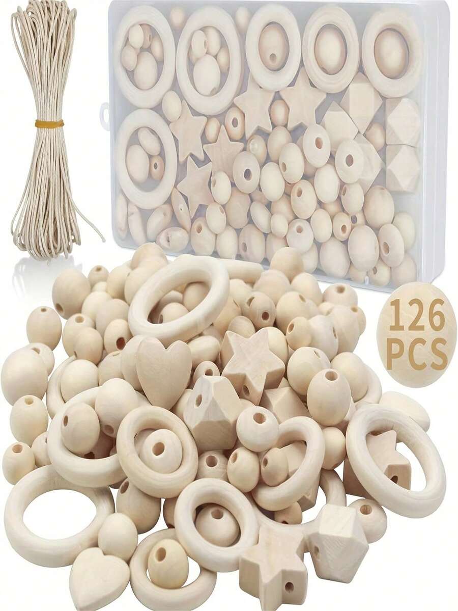 126件天然木珠、木环、DIY首饰制作配件，适用于项链制作，包括木珠、带孔木球和木环。 - 米色 - 查看 1
