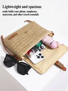 Retro-Chic Woven Tote Bag Beach Vacation Straw Crossbody Bag Summer Casual Messenger Bag Vintage Rustic Handbag Forest Cottagecore Handbag Inspired Woven Bag-Perfect For Beach Trips Vacations Commuting Parties Birthday Gifts Valentine's Day Gifts Mother's Day Gifts - 小號卡其色 - 查看 8