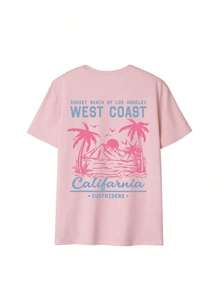 2026 Spring Summer Women's 100% Cotton "West Coast California" Retro Beach Graphic T-Shirt, Classic Round Neck Short Sleeve Casual Top For Vacation, Beach & Daily Wear - 粉紅色 2 - 查看 2