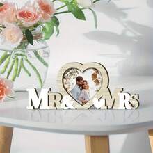 1pc Traditional Wooden Heart-Shaped Photo Frame, Suitable For Mr. & Mrs., Warm Wooden Tone, Perfect For Romantic Wedding Photos. This Rustic Style Horizontal Desktop Stand Is A Personalized Display Choice For Couples - G - View 2