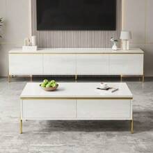 Moderno conjunto de mueble de TV y mesa de centro de lujo, superficie de color sólido de alto brillo, bordes dorados, generoso espacio de almacenamiento. - Blanco - Ver 3