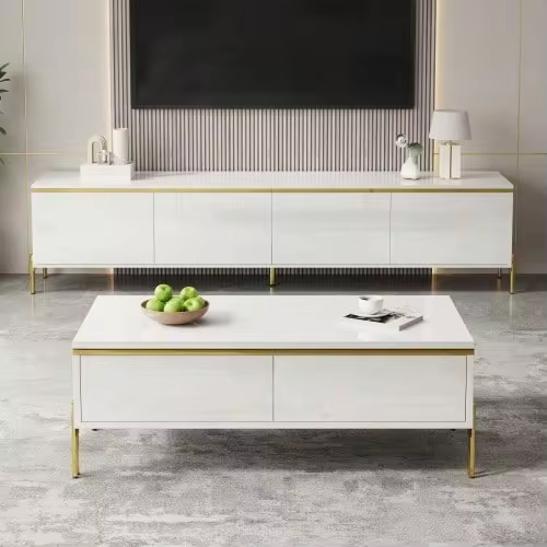 Modern Luxury TV Cabinet And Coffee Table Set, High-Gloss Solid Color Surface, Gold Edges, Generous Storage Space - Putih - View 3