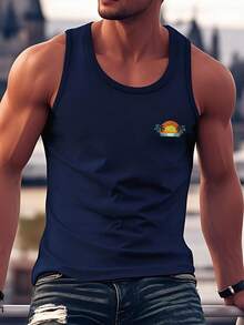 Men's Summer Slogan & Palm Tree Print Casual Sleeveless Tank Top - Navy Blue - View 2