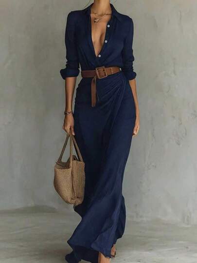 纯色优雅腰部褶裥前开襟纽扣女士蓝色长连衣裙，V领长衬衫裙，无弹力面料，A字裙摆（不含腰带）