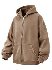 Men's Washed Cotton Cardigan Hoodie Slightly Stretch Breathable Loose Casual Hooded Jacket - 咖啡色 - 查看 2