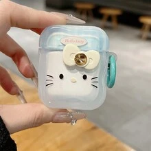 1pc Sanrio Cartoon Cute KT Kitty Diamond Butterfly Plush Pendant Protective Case, Compatible With Apple 1/2/3/4/Pro/Pro(2nd)/Pro(3rd), Anti-Fall Anti-Scratch Bluetooth Earphone Cover - Mint Green [cat + Button] - View 3