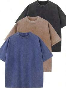 3 Pack, Men's, Vintage Washed, Oversized, Cotton, T Shirts, Loose Fit, Short Sleeve, Casual, Streetwear, Unisex, Tops.100% Cotton - 黑色+卡其色+藍色 - 查看 1