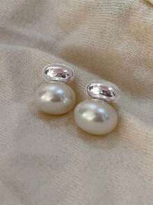 1 Pair Of European And American Metal Style Gold Faux Pearl Oval Design Earrings For Women's Daily Wear - Multicolor - View 5