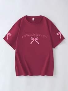 Plus Size Women's Round Neck Letter & Bow Print Casual Versatile Daily Short Sleeve T-Shirt Summer - Burgundy - View 3