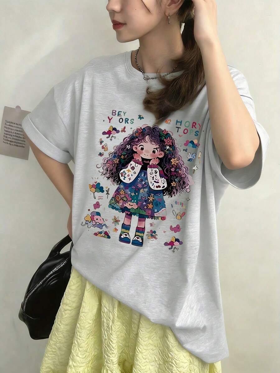 Japanese Style Women Summer Loose Round Neck Short Sleeve Cartoon Girl Print T-Shirt Vacation - Light Gray - View 1