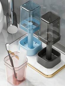 Adjustable Height Toothbrush Cup With Dust Cover, Bathroom Rinse Cup With Drainage And Storage Function, Suitable For Toothpaste, Electric Toothbrush, Bathroom, Kitchen, School, Unisex - Divided - View 7
