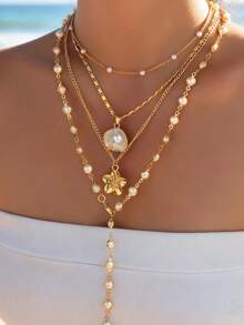 4pcs Fashionable Minimalist Bohemian Shell Flower Y-Necklace Set, Suitable For Vacation, Date, Party, Gift, Daily Wear - Gold - View 3