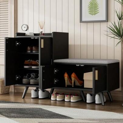 Moderner Schuhbänke Mit Schwarzwalnussholz, , Schuhschrank, Ausgestattet Mit Vier Aufbewahrungstüren, Asymmetrischen Metallgriffen, B120/D34/H82