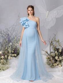 Faeriesty Dressalisa Elegant One-Shoulder Ruffle Sleeve Maternity Dress & Baby Shower Gown, Side Slit Organza Tail, Mermaid Hem - Exquisitely Elegant Baby Shower Dress, Suitable For Formal Dinners, Bridal Luncheons, Celebration Receptions, Maternity Events And Graceful Ceremonies. - Baby Blue - View 7