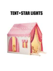 Children's Game House Tent, Large Indoor Parent Child Interactive Game Room, Crawling Game House Tent Suitable For Both Boys And Girls, Outdo Or Fun Game Tent, Durable Checkered Tent, Perfect Gift For Children, Tent For Kids, Tent, Equipped With Star Lights (Without Battery) - Bộ lều màu hồng + đèn A (rèm vải) - Xem 7