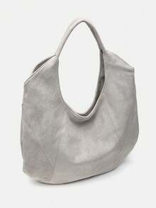 Women's Handbag, Gray, Vintage Large Capacity Tote Bag, Suede Handbag, Solid Color Patchwork Design, Western Style, Large Capacity Lightweight Handbag, Women's Shoulder Bag, Commuter Bag, PU Leather - Light Grey - View 8