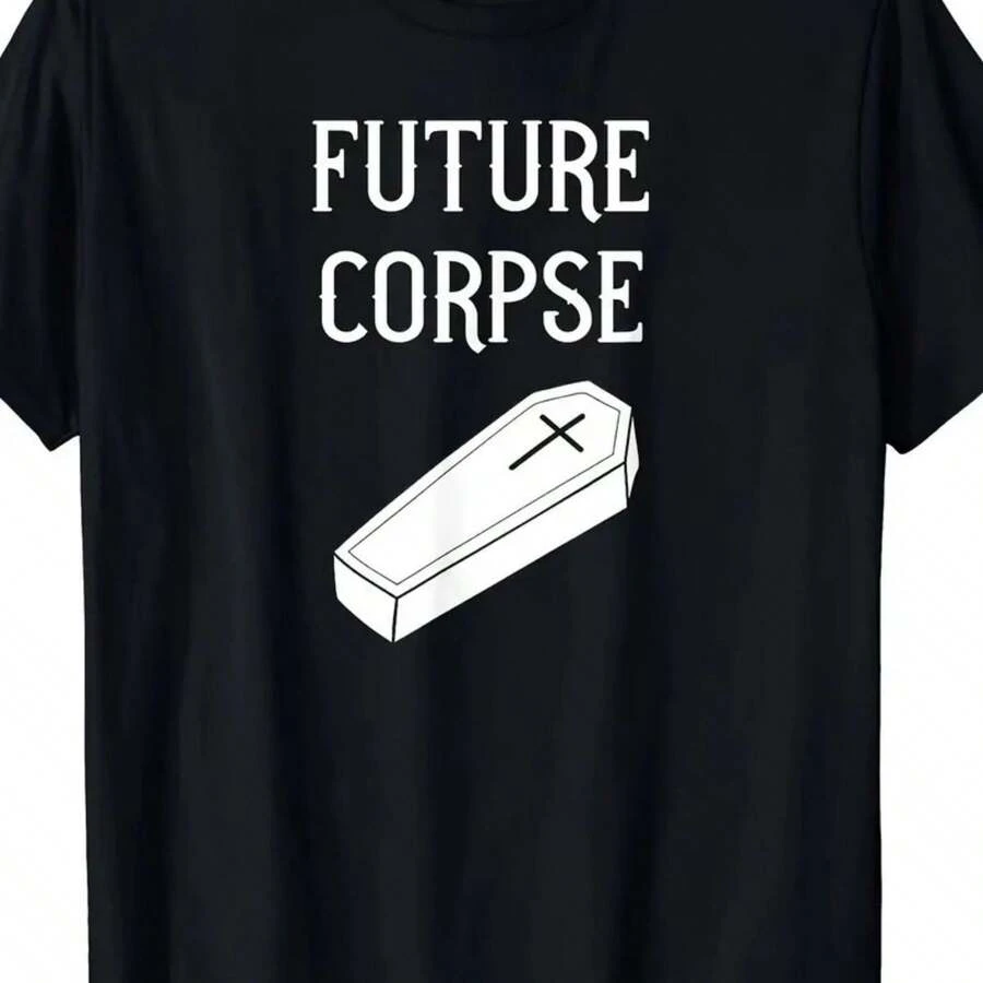 180GSM Pure Cotton Printed T-Shirt Future Corpse Funny Goth Horror Halloween Graphic Soft Comfortable Breathable Durable Constructed With Fine Knitted Craft Easy To Clean Ideal For Holiday Gothic Wear Spooky Casual Outfits And Edgy Street Style - 黑色 - 查看 1